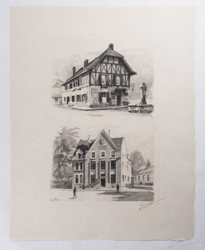 Jules Piel - Bureaux de poste de Peyrieu (Ain) et de Saulieu - Gravure sur papier extraite de l’ouvrage La Poste en France au milieu du 20e siècle, 1950