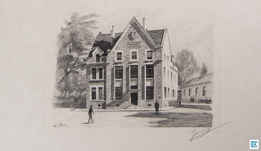 Détail - Jules Piel - Bureaux de poste de Peyrieu (Ain) et de Saulieu - Gravure sur papier extraite de l’ouvrage La Poste en France au milieu du 20e siècle, 1950 © Musée de La Poste - La Poste, 2019