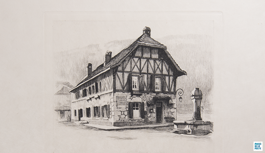 Détail - Jules Piel - Bureaux de poste de Peyrieu (Ain) et de Saulieu - Gravure sur papier extraite de l’ouvrage La Poste en France au milieu du 20e siècle, 1950 © Musée de La Poste - La Poste, 2019